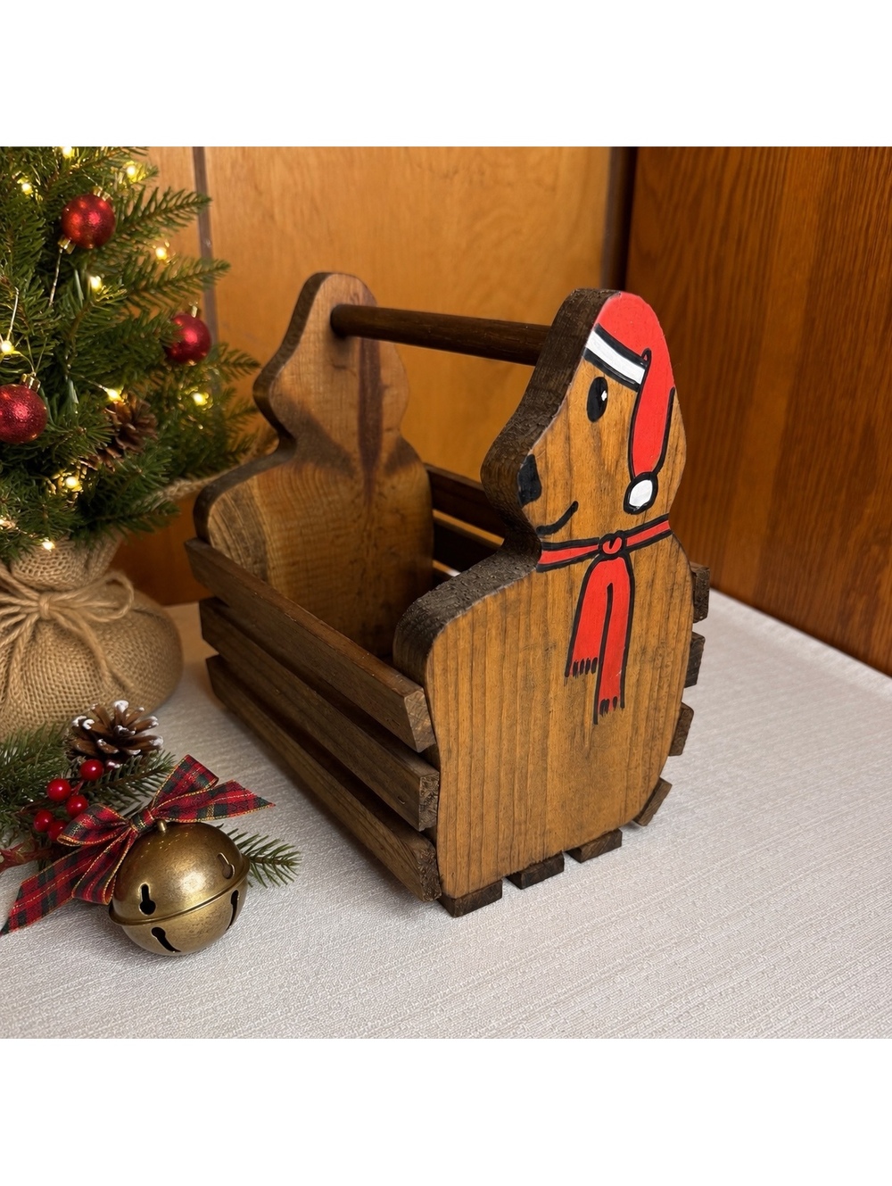 Vintage Wooden Teddy Bear Basket Christmas Storage Caddy Rustic Holiday Decor